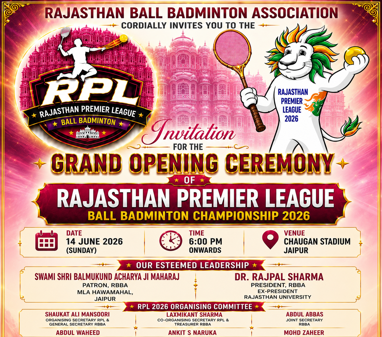 Grand Opening Ceremony of Rajasthan Premier League Ball Badminton Championship 2026